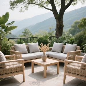Outdoor Terrace Teak Sofa Set with Rattan Table for Courtyard Garden Villa Hotel Balcony Leisure Furniture for Home Stay