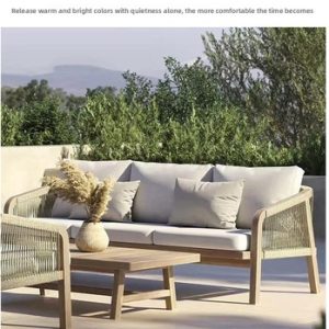 Outdoor Terrace Teak Sofa Set with Rattan Table for Courtyard Garden Villa Hotel Balcony Leisure Furniture for Home Stay