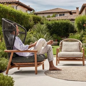 Nordic Modern Outdoor Solid Teak Wood Furniture High Back Coffee Table Single Sofa for Terrace Garden Courtyard Villa Balcony