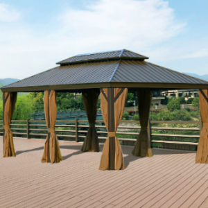 Outdoor Living Hardtop Gazebo Wooden-Coated Aluminum Frame Canopy Patio Deck Furniture Double Roof Galvanized Steel for Lawn