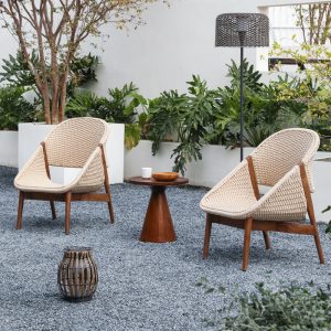 Teak Single Lounge Chair, Rope‑Woven Balcony Sofa Chair, Wabi‑Sabi Style Solid Wood Leisure Armchair for Courtyard, Garden & Homestay