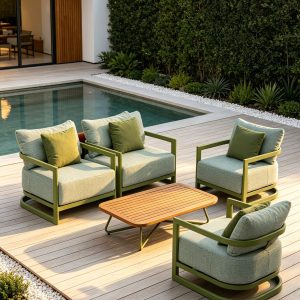 Minimalist Outdoor Teak Sofa Set, Modern Leisure Patio & Balcony Waterproof Fabric Sofa with Coffee Table, Designer Piece