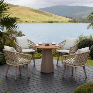 High‑Grade Teak Round Outdoor Dining Table & Rope‑Woven Leisure Chairs, Waterproof for Patio, Garden & Open‑Air Terrace