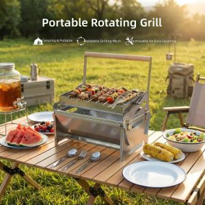 New Flip‑Style BBQ Grill Rack, Outdoor Camping Picnic Detachable Easy‑to‑Clean Grill Stand, Rotating Barbecue Skewer Rack